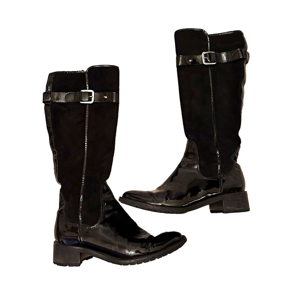 Cole Haan Tall Suede Riding Boots Patent Leather Trim Lamb Skin Lined Italy 9.5
